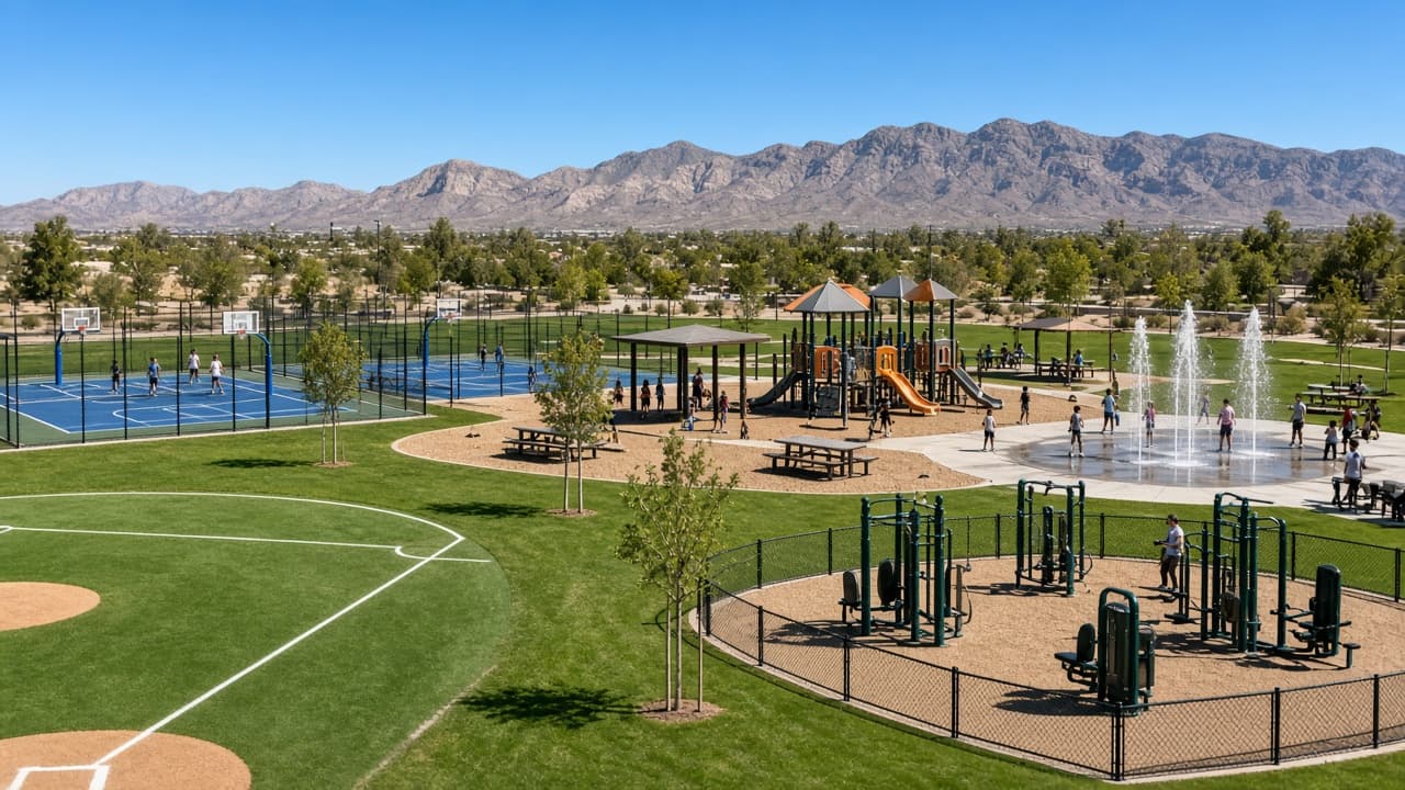 Grand Park central park in Summerlin with baseball fields, courts, a playground, and a splash pad